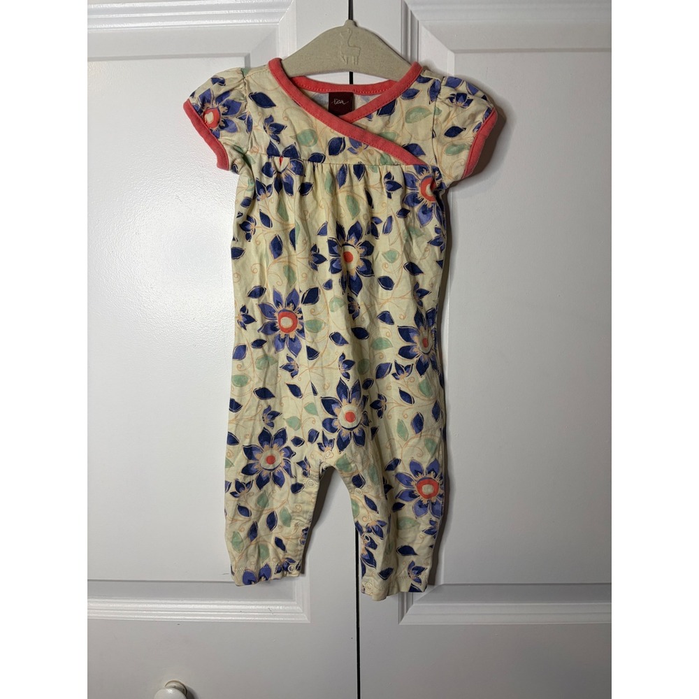 Tea Collection Baby Girl Floral Cotton Romper Cream Pink Blue 0-3 Months - Picture 1 of 6